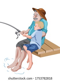 Old grandfather fishing with his grandson while sitting on wood pier. Catching a fish. Vector