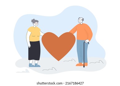 Old grandfather and grandmother holding red heart together. Love of senior man and woman flat vector illustration. Valentines Day, family concept for banner, website design or landing web page