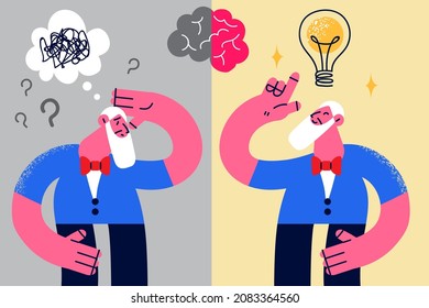 Old grandfather think remember and forget on contrary suffer from Alzheimer disease. Senior man struggle with brain mental illness. Elderly healthcare and geriatric concept. Flat vector illustration. 