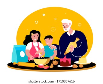 Old Grandfather,Dad Cooking Bakery on Kitchen with Grandchildren,Granddaughter.Family Communicate Together.Grandchild Kid Daughter Girl,Boy on Holidays with Old Aged Pensioner.Flat Vector Illustration