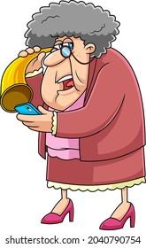 Old Grandma Cartoon Character Talking On Cell Phone With Hearing Trumpet. Vector Hand Drawn Illustration Isolated On Transparent Background