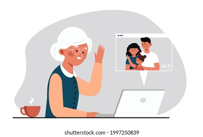 Old grandma communicating with family by video link at computer with camera. Communicating each other by using the internet through video. Flat vector illustration