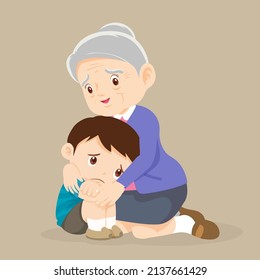 Old Grandma Embracing Little Crying Boy Comforting Upset Granddaughter, Senior Caring Grandmother Hugging Child Consoling