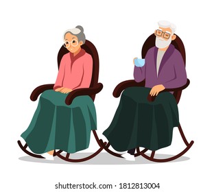 Old Grandma And Grandfather Sitting In Armchairs. Happy Senior Adults Couple In Living Room In Rocking Chairs. Relaxing Retirement Vector Illustration. Granny And Man Together In Love.