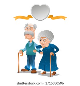 Old grandma and grandpa stand together arm in arm. Couple with big speech bubble in heart form above them. Flat style modern vector illustration. Golden jubilee or golden wedding anniversary