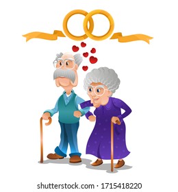 Old grandma and grandpa stand together arm in arm. Couple with two crossed golden rings above them. Golden jubilee or golden wedding anniversary. Flat style modern vector illustration