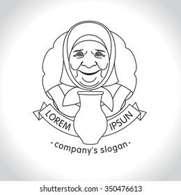 Old grandma with a jug of milk. Monochrome vector logo
