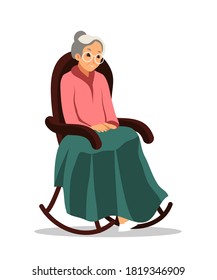 Old grandma sitting in armchair. Happy senior adult woman in rocking chairs. Relaxing retirement vector illustration.