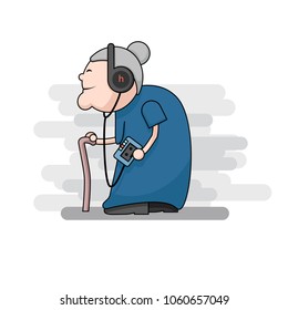 Old grandma walk with Headphones and enjoy music. Vector cartoon character.