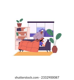 Old grandmother caring about grandchild falling asleep on sofa in living room. Grandma covering man with duvet, blanket. Person sleeping on couch. Flat vector illustration isolated on white background