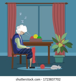 Old grandmother fell asleep knitting in front of the window in the room with the white cat. Vector flat illustration.