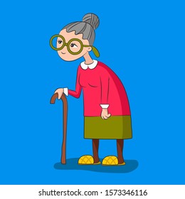 An old grandmother is a pensioner with glasses, slippers, with a cane. Vector illustration