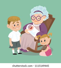 Old Grandmother in Rocking Chair with Grandchildren