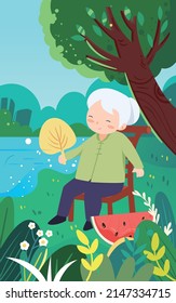 Old grandmother sits under the tree and enjoys the shade in summer, fanning with a fan, vector illustration