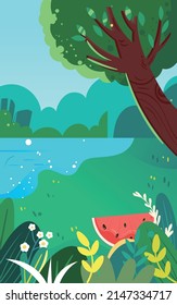 Old grandmother sits under the tree and enjoys the shade in summer, fanning with a fan, vector illustration