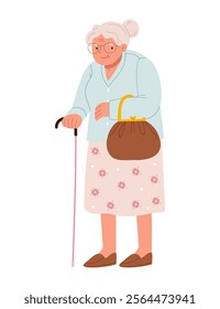 Old grandmother with a stick and a vintage handbag.