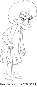 An old grandmother using a walking stick, depicted in a vector cartoon style
