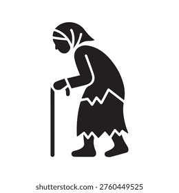 Old grandmother walking with a stick vector illustration on white background.