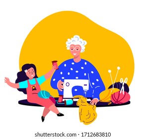 Old Grandmother,Granny Seamstress,Creating Clothes on Sewing Machine with Grandchild,Girl Kid.Family Together. Needlewoman Sewing in Workshop.Holidays with Old Aged Pensioner. Flat Vector Illustration