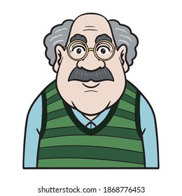 old grandpa with gray hair, mustache. Comic, avatar.