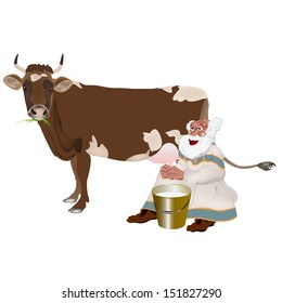 Old Grandpa milkman and a cow.Vector