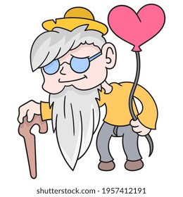 old grandpa is walking towards a date carrying a love balloon, vector illustration art. doodle icon image kawaii.