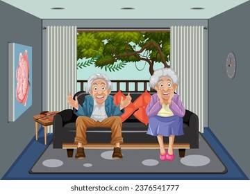 Old grandparents happily sitting on a couch in their vacation house