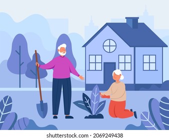 Old grandparents putting plant in soil in garden. Cartoon elderly family healthy lifestyle flat vector illustration. Horticulture, leisure time, activity for senior people concept