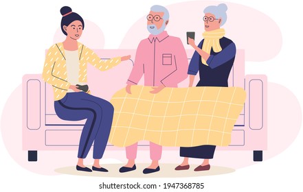 Old grandparents with their granddaughter are communicating about technologies and smartphones