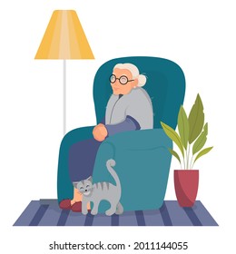 An old granny sleeps in an armchair. An elderly woman wearing glasses sits at home with a cat in a cozy home. Vector illustration in flat style