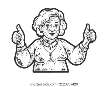 Old granny with thumbs up sketch engraving vector illustration. T-shirt apparel print design. Scratch board imitation. Black and white hand drawn image.