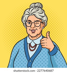 Old granny winking with thumbs up pinup pop art retro vector illustration. Comic book style imitation.