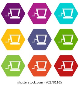 Old grape juicer icon set many color hexahedron isolated on white vector illustration