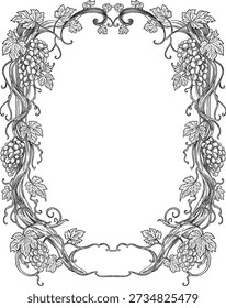Old Grape Vine Botanical Border Frame Vintage Hand Drawn Illustration