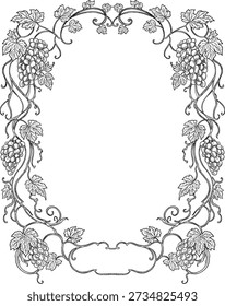 Old Grape Vine Botanical Border Frame Vintage Hand Drawn Illustration