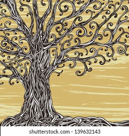 Old graphic tree with twisted roots on a brown background.