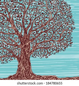 Old graphic tree with twisted roots and branches on a blue background.