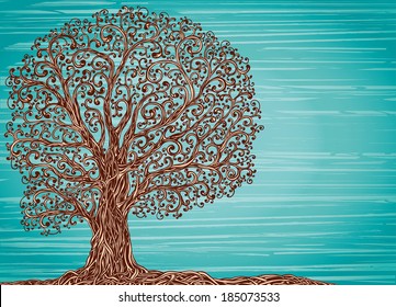 Old graphic tree with twisted roots and branches on a blue background.