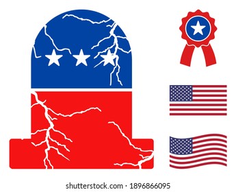 Old grave icon in blue and red colors with stars. Old grave illustration style uses American official colors of Democratic and Republican political parties, and star shapes.