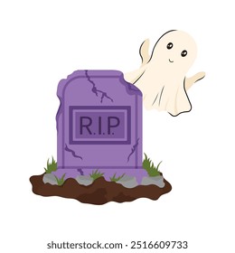 Velho túmulo, RIP memorial e fantasma. Ilustração vetorial em estilo plano e Doodle para os projetos de outubro de Halloween