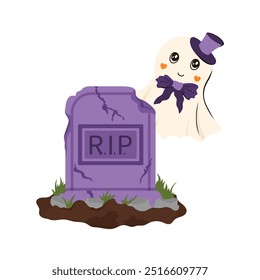 Velho túmulo, RIP memorial e fantasma. Ilustração vetorial em estilo plano e Doodle para os projetos de outubro de Halloween