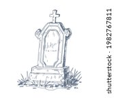 Old grave with upright gravestone and Christian cross. Ancient religious tombstone sketch. Vintage outlined hand-drawn vector illustration of medieval headstone isolated on white background