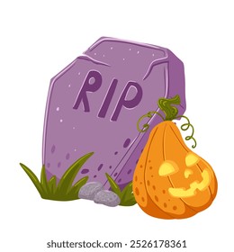 Old grave vector cartoon illustration. Scary coffin with grass and Jack o  Lantern carved pumpkin for halloween. Spooky art isolated on white background. Simple template for decor, print, sticker