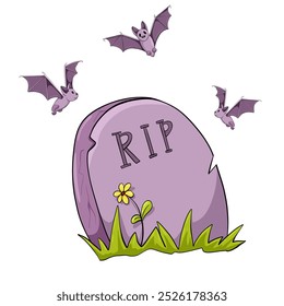 Old grave vector cartoon illustration. Scary coffin with grass and flying bats for halloween. Spooky art isolated on white background. Simple template for decor, print, sticker