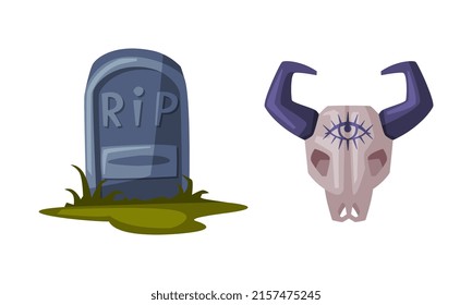 Old gravestone and bull skull bone. Witchcraft attributes, halloween objects cartoon vector illustration