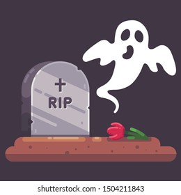 old gravestone with a ghost. scary cemetery at night. Flat vector illustration for Halloween.
