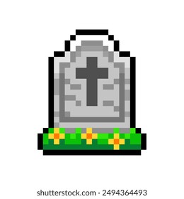 Icono de lápida antigua aislado sobre fondo transparente. Tumba del cementerio con cruz y flores. Celebración de Halloween. Ilustración de arte de píxeles de Vector en estilo antiguo de 16 bits.