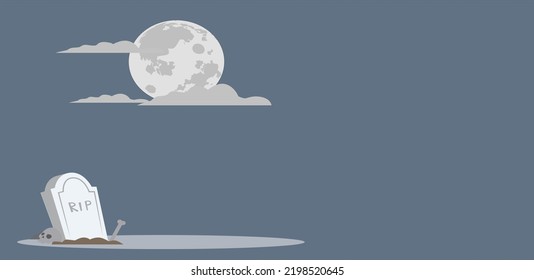 Old gravestone at night with happy Halloween word in cemetery with full moon, Halloween background card poster. Cartoon hand drawn grave with tombstone, engraving vector illustration.