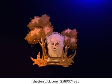 Old gravestone at night with happy halloween word in cemetery with full moon, Halloween background card poster