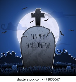 Old gravestone at night with happy halloween word in cemetery with full moon, Halloween background card poster